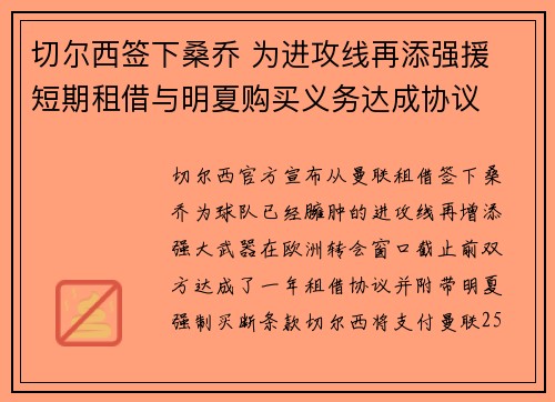 切尔西签下桑乔 为进攻线再添强援 短期租借与明夏购买义务达成协议